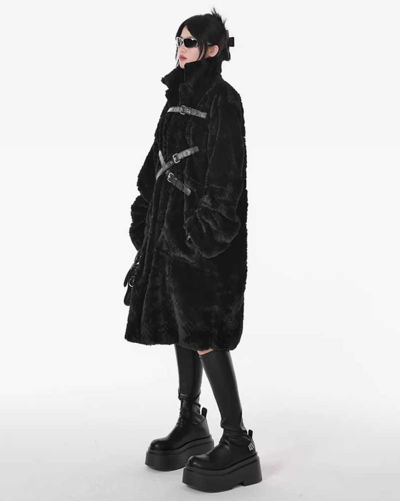 Y2K Grunge Long Black Faux Fur Coat - Retro 90S Fashion, Gothic Y2K, Party & Club Outfits