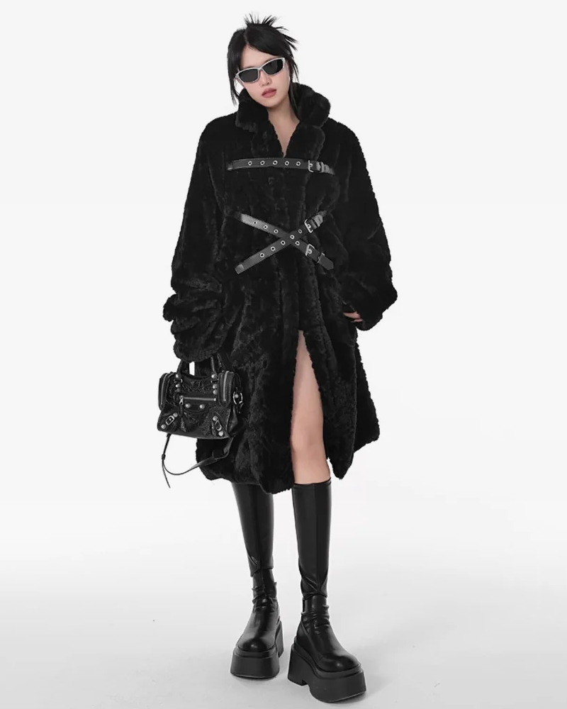 Y2K Grunge Long Black Faux Fur Coat - Retro 90S Fashion, Gothic Y2K, Party & Club Outfits