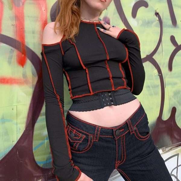Y2K Grunge Long Sleeve Crop Top - 90S Fashion, Retro Style, Y2K Summer Outfits, Pastel Goth
