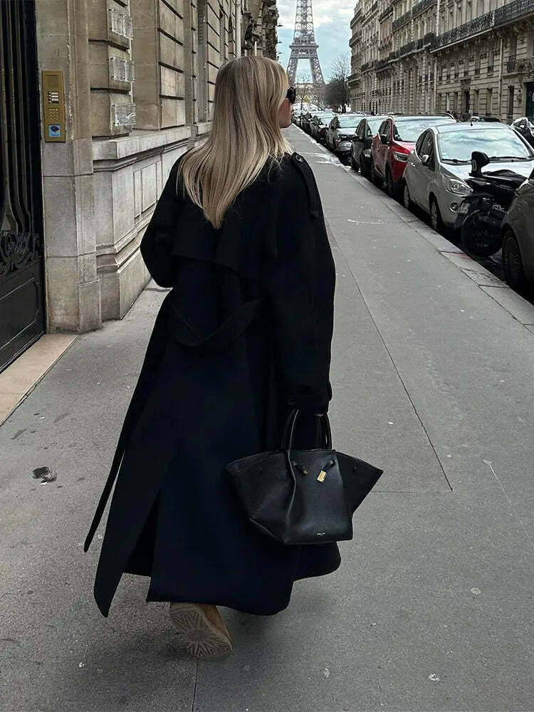 Y2K Grunge Long Woolen Coat - Double Breasted, Lapel, Pockets, High Street Winter Outwear