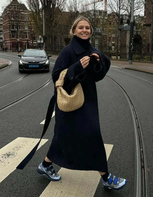 Y2K Grunge Long Woolen Coat - Double Breasted, Lapel, Pockets, High Street Winter Outwear