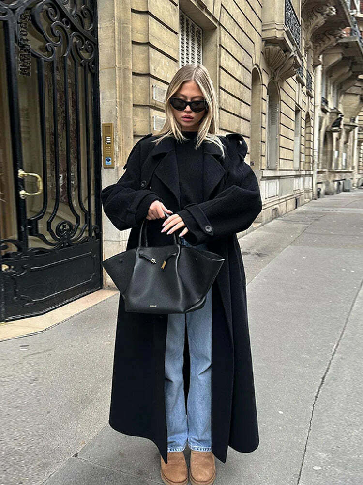 Y2K Grunge Long Woolen Coat - Double Breasted, Lapel, Pockets, High Street Winter Outwear