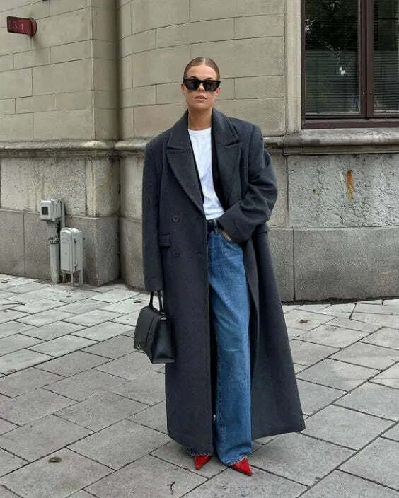 Y2K Grunge Long Woolen Coat - Double Breasted, Lapel, Pockets, High Street Winter Outwear