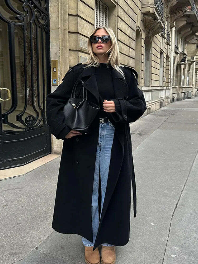Y2K Grunge Long Woolen Coat - Double Breasted, Lapel, Pockets, High Street Winter Outwear