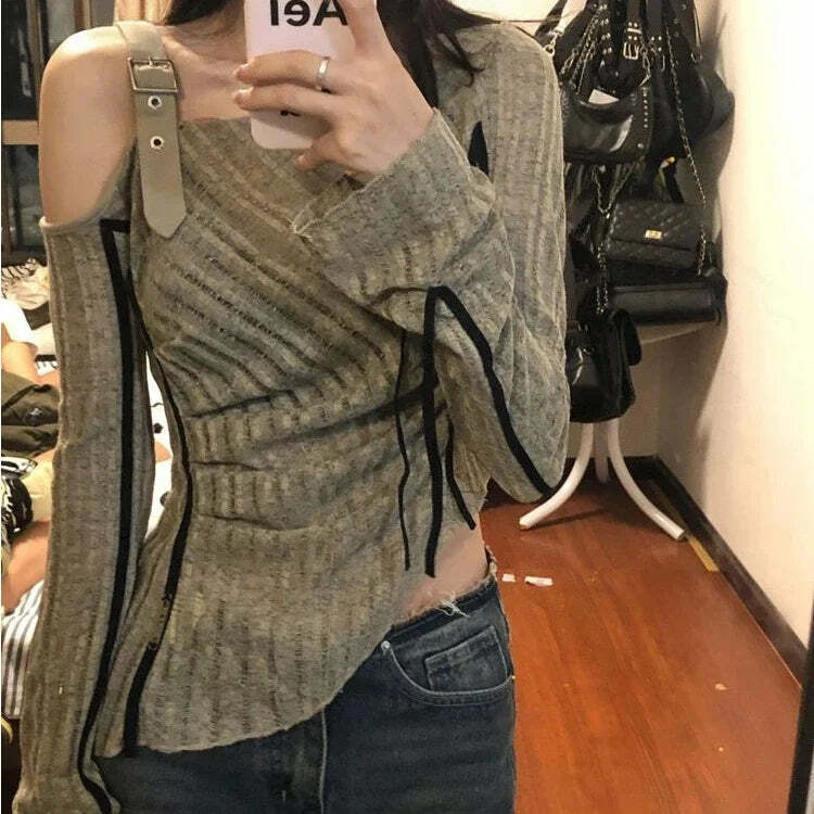 Y2K Grunge Off-Shoulder Knitted Top - Slim Hollow Out Patchwork Streetwear For Women