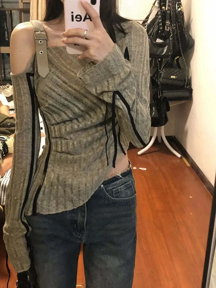 Y2K Grunge Off-Shoulder Knitted Top - Slim Hollow Out Patchwork Streetwear For Women