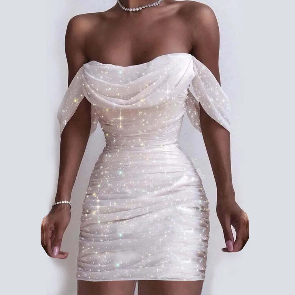 Y2K Grunge Off-Shoulder Sequin Bodycon Dress - Sexy Ruched Glitter Vintage Prom Outfit