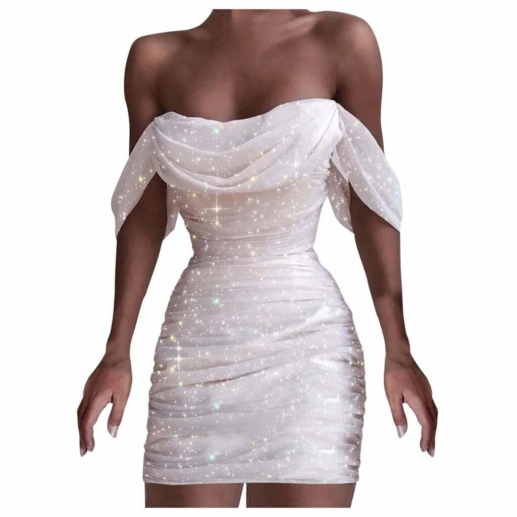 Y2K Grunge Off-Shoulder Sequin Bodycon Dress - Sexy Ruched Glitter Vintage Prom Outfit