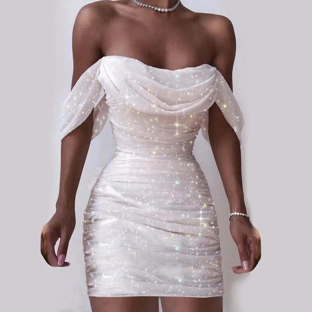 Y2K Grunge Off-Shoulder Sequin Bodycon Dress - Sexy Ruched Glitter Vintage Prom Outfit