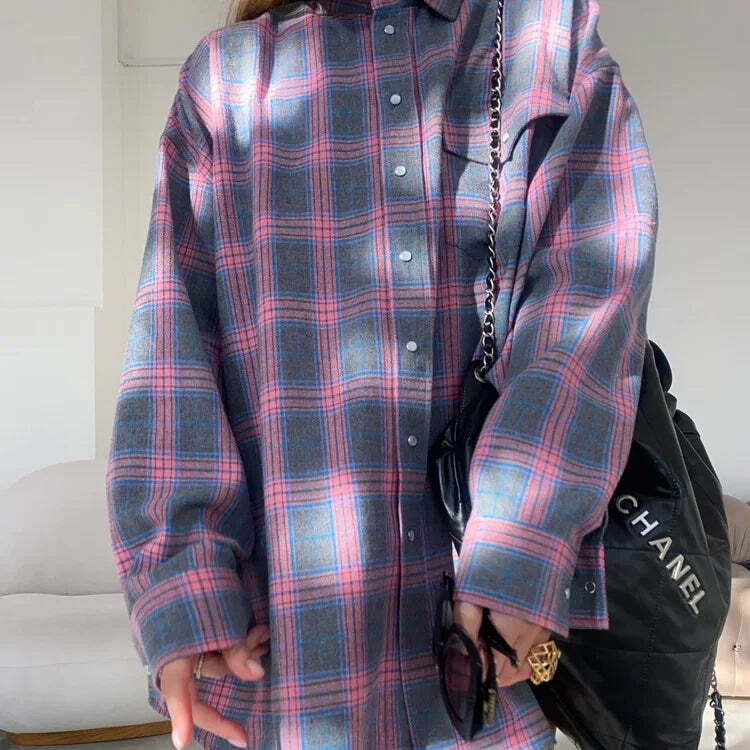 Y2K Grunge Oversized Plaid Shirt - Vintage 90S Long Sleeve Loose Lapel Pocket Blouse Korean Style
