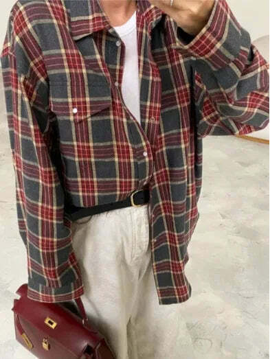 Y2K Grunge Oversized Plaid Shirt - Vintage 90S Long Sleeve Loose Lapel Pocket Blouse Korean Style