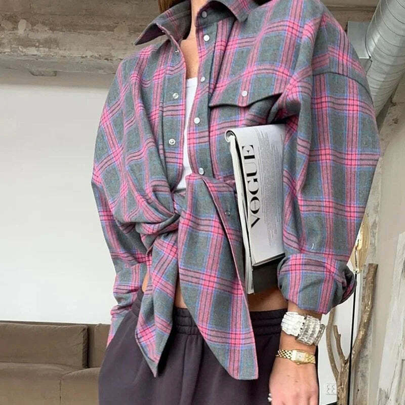 Y2K Grunge Oversized Plaid Shirt - Vintage 90S Long Sleeve Loose Lapel Pocket Blouse Korean Style