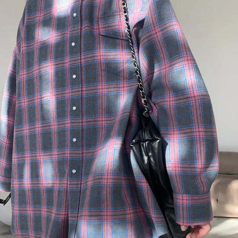 Y2K Grunge Oversized Plaid Shirt - Vintage 90S Long Sleeve Loose Lapel Pocket Blouse Korean Style