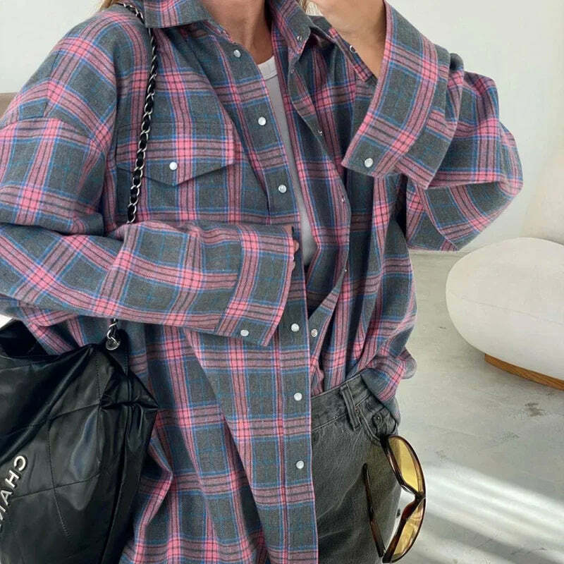 Y2K Grunge Oversized Plaid Shirt - Vintage 90S Long Sleeve Loose Lapel Pocket Blouse Korean Style
