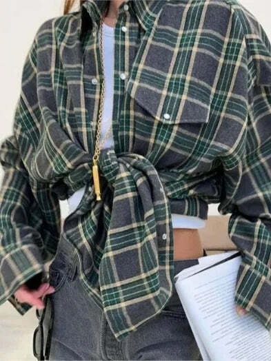 Y2K Grunge Oversized Plaid Shirt - Vintage 90S Long Sleeve Loose Lapel Pocket Blouse Korean Style