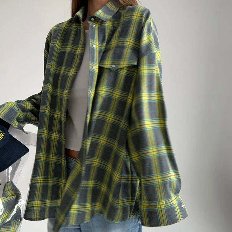 Y2K Grunge Oversized Plaid Shirt - Vintage 90S Long Sleeve Loose Lapel Pocket Blouse Korean Style