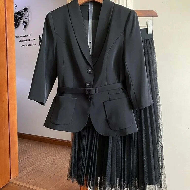 Y2K Grunge Oversized Two-Piece Set: Long Coat Suit & Mesh Skirt With Belt - Retro 90S Fashion