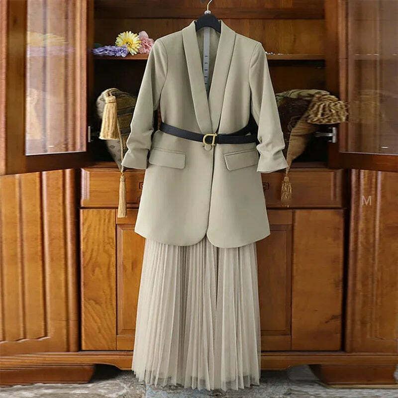 Y2K Grunge Oversized Two-Piece Set: Long Coat Suit & Mesh Skirt With Belt - Retro 90S Fashion