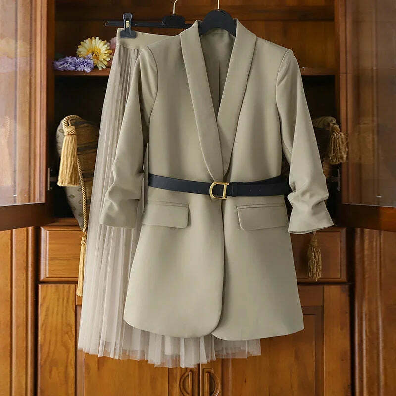 Y2K Grunge Oversized Two-Piece Set: Long Coat Suit & Mesh Skirt With Belt - Retro 90S Fashion