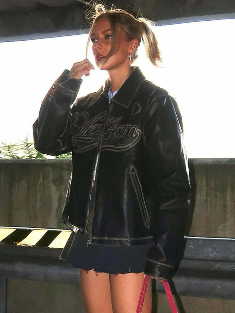 Y2K Grunge Patchwork Leather Jacket - Chic Lace-Up Crop Coat, Vintage 90S High Streetwear