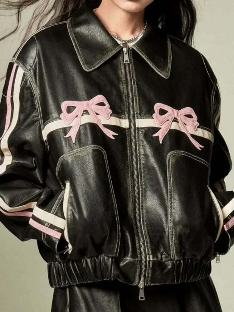 Y2K Grunge Patchwork Leather Jacket - Chic Lace-Up Crop Coat, Vintage 90S High Streetwear