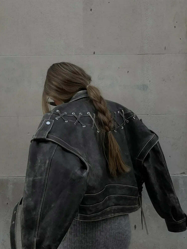 Y2K Grunge Patchwork Leather Jacket - Chic Lace-Up Crop Coat, Vintage 90S High Streetwear