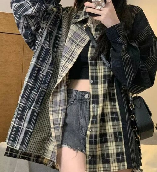 Y2K Grunge Patchwork Plaid Long Sleeve - Retro 90S Summer Outfit, Gothic Y2K Fashion