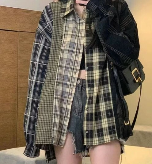 Y2K Grunge Patchwork Plaid Long Sleeve - Retro 90S Summer Outfit, Gothic Y2K Fashion
