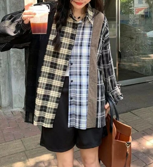 Y2K Grunge Patchwork Plaid Long Sleeve - Retro 90S Summer Outfit, Gothic Y2K Fashion