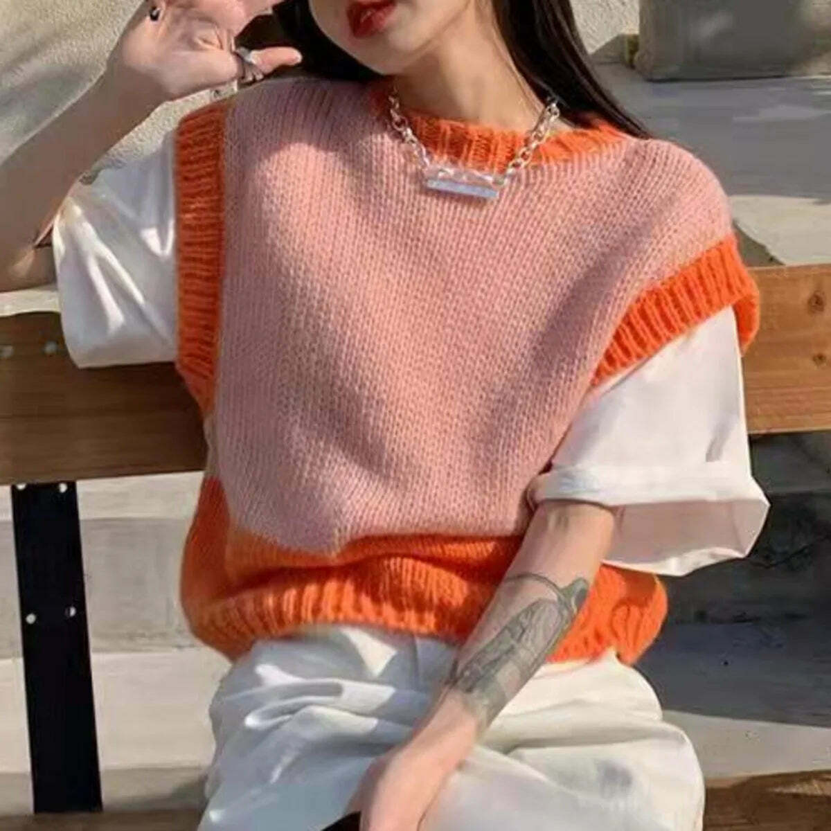 Y2K Grunge Patchwork Sweater Vest - Retro 90S Style Loose Knit Pullover Top For Women