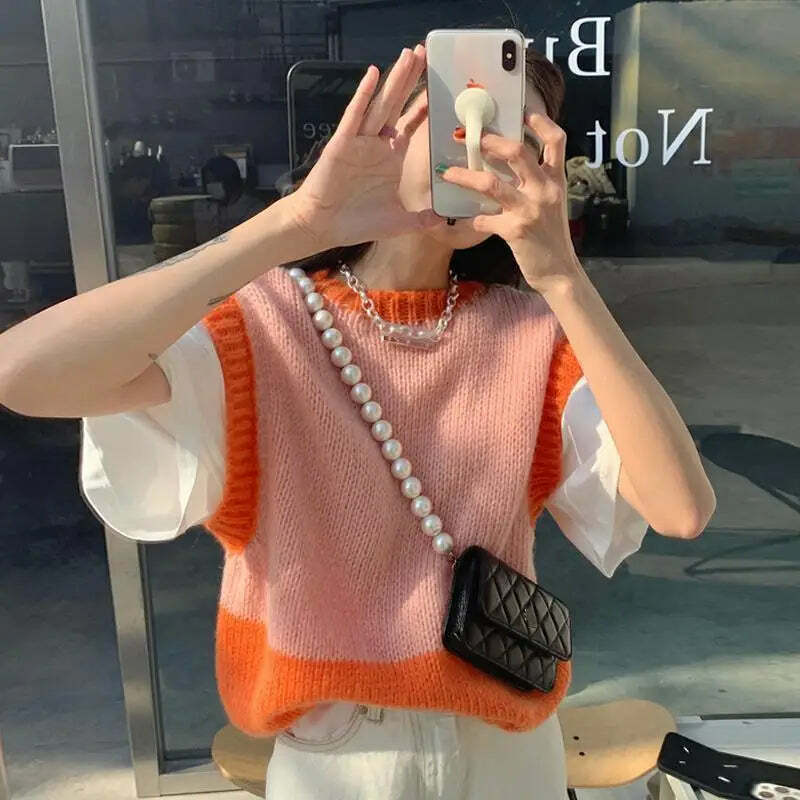 Y2K Grunge Patchwork Sweater Vest - Retro 90S Style Loose Knit Pullover Top For Women