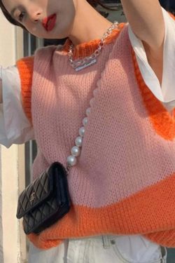 Y2K Grunge Patchwork Sweater Vest - Retro 90S Style Loose Knit Pullover Top For Women