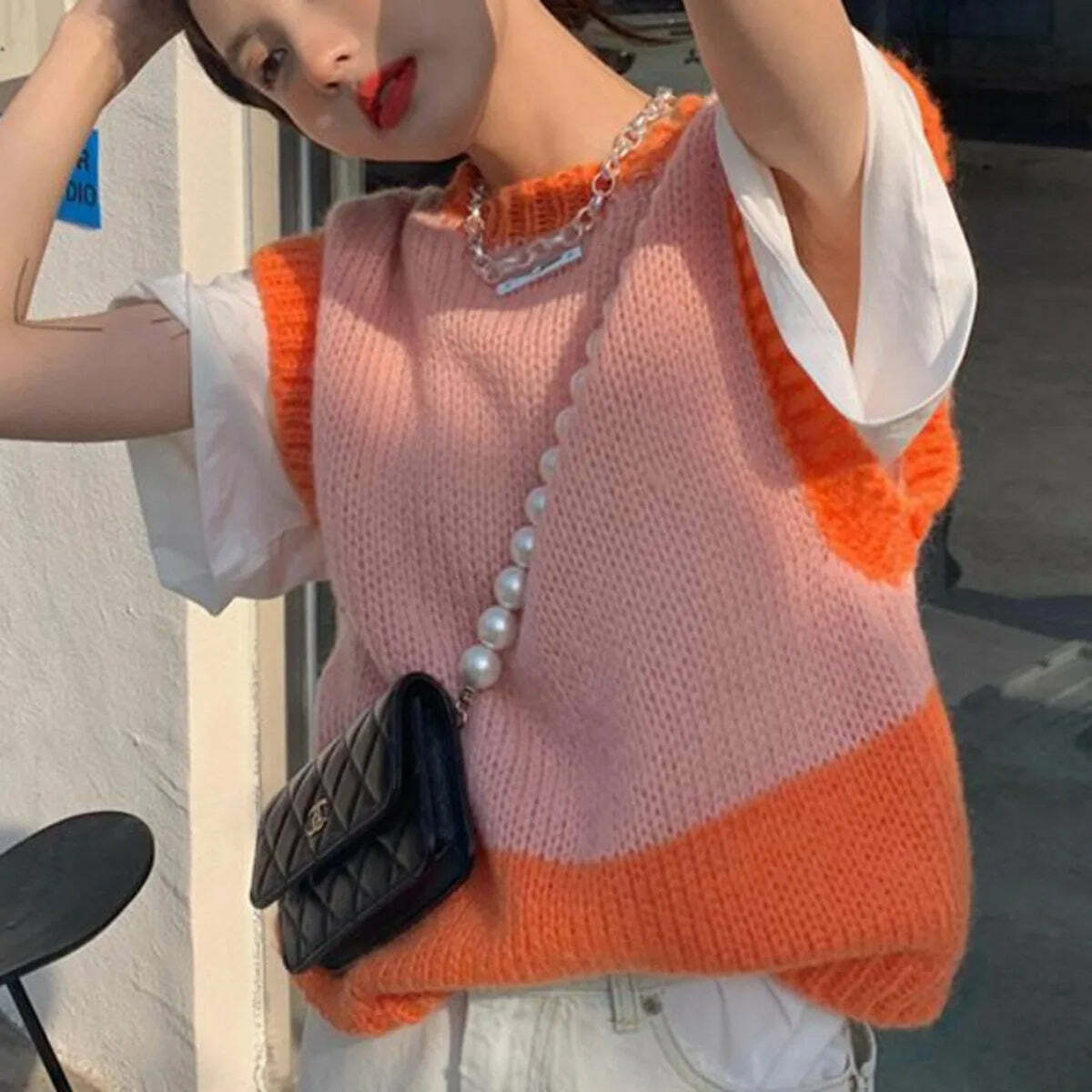 Y2K Grunge Patchwork Sweater Vest - Retro 90S Style Loose Knit Pullover Top For Women