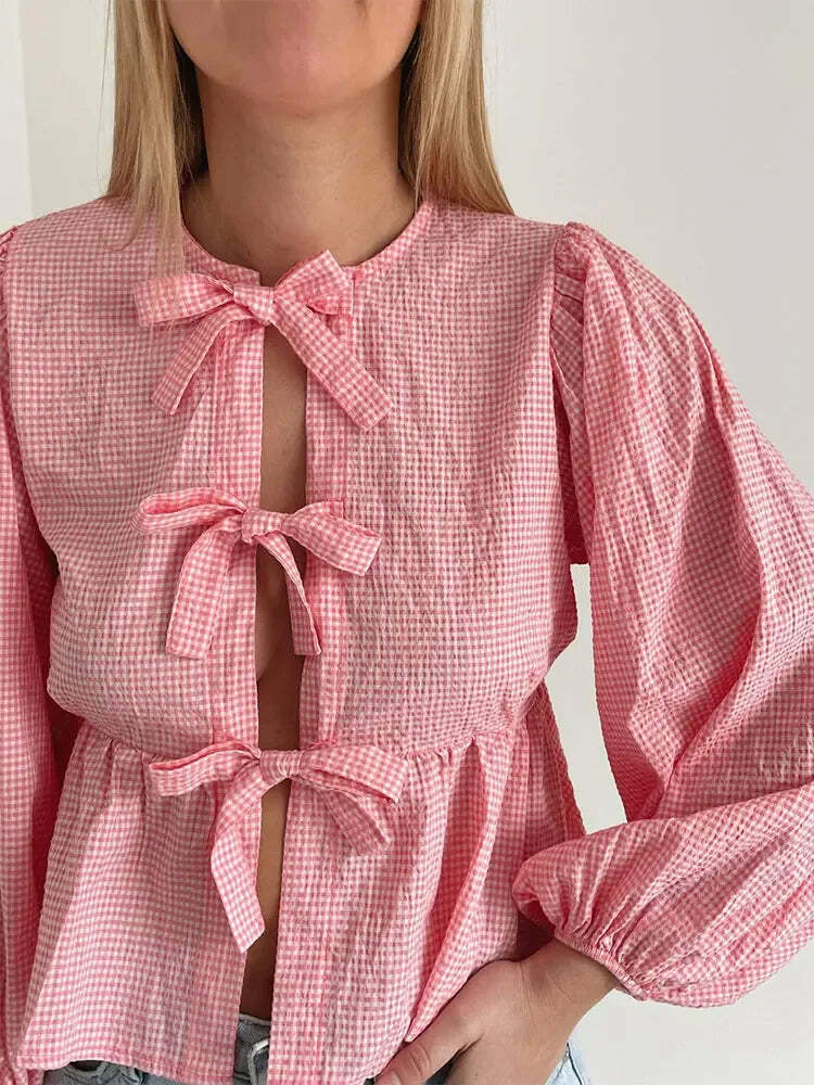Y2K Grunge Plaid Bow Lace-Up Puff Sleeve Top - Retro 90S Summer Streetwear For Women