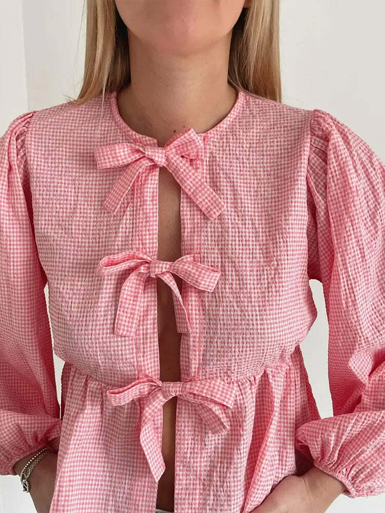 Y2K Grunge Plaid Bow Lace-Up Puff Sleeve Top - Retro 90S Summer Streetwear For Women