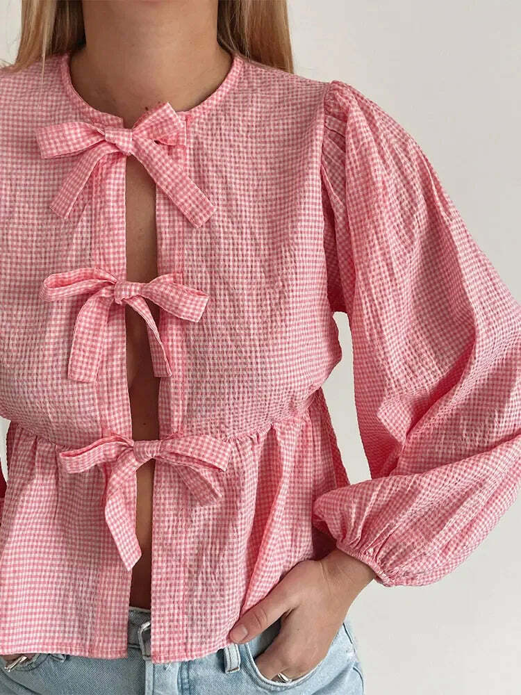 Y2K Grunge Plaid Bow Lace-Up Puff Sleeve Top - Retro 90S Summer Streetwear For Women