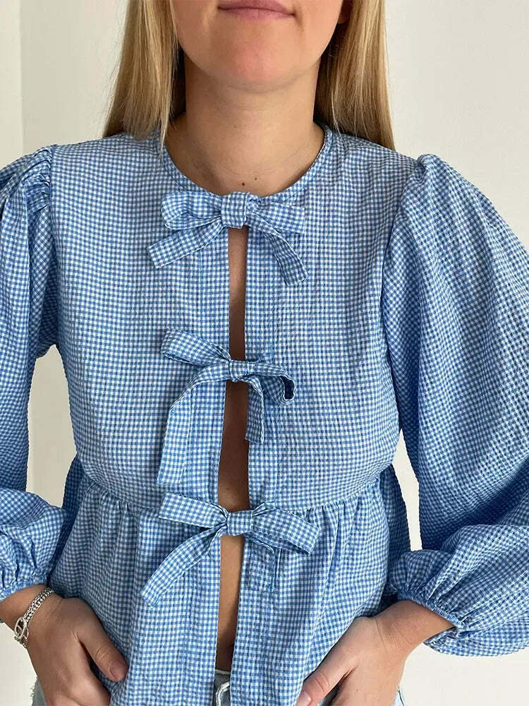 Y2K Grunge Plaid Bow Lace-Up Puff Sleeve Top - Retro 90S Summer Streetwear For Women