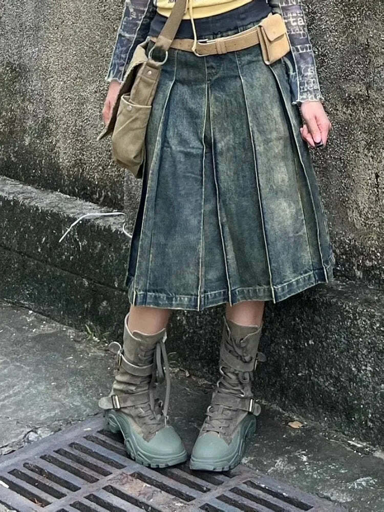 Y2K Grunge Pleated A-Line Denim Skirt - Retro 90S American Blue Mid-Length Faldas Mujer