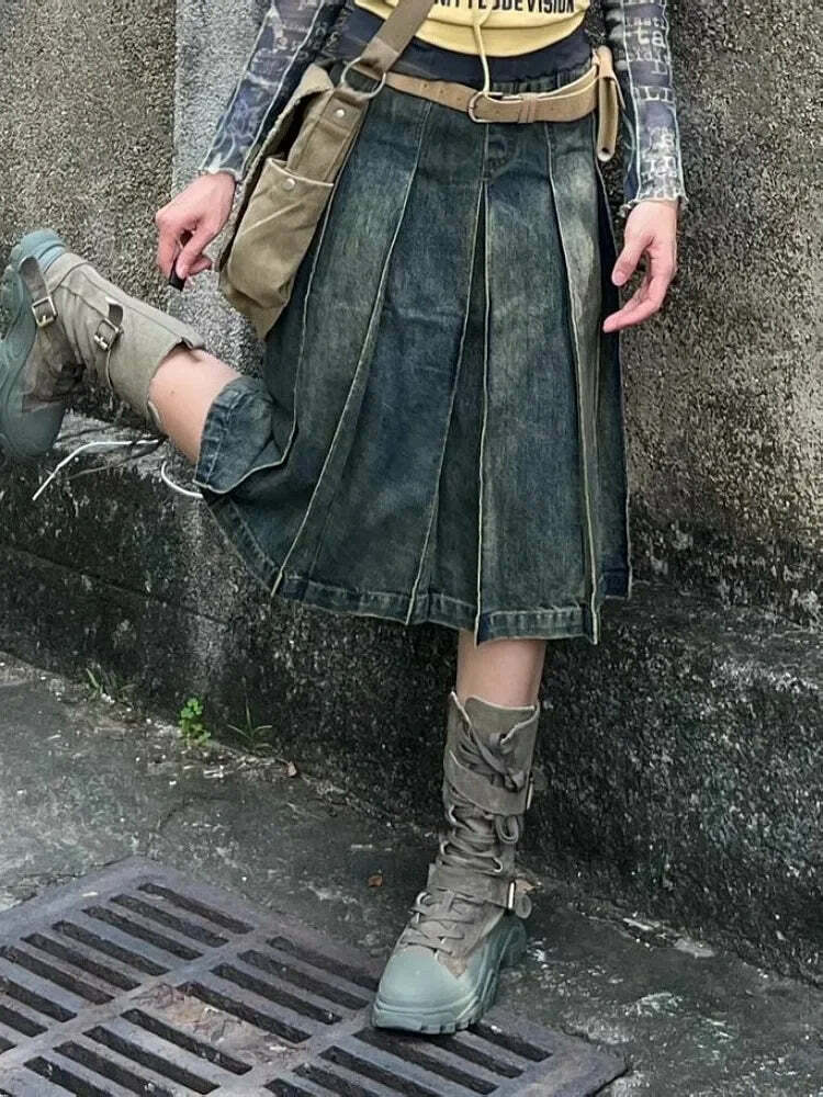Y2K Grunge Pleated A-Line Denim Skirt - Retro 90S American Blue Mid-Length Faldas Mujer