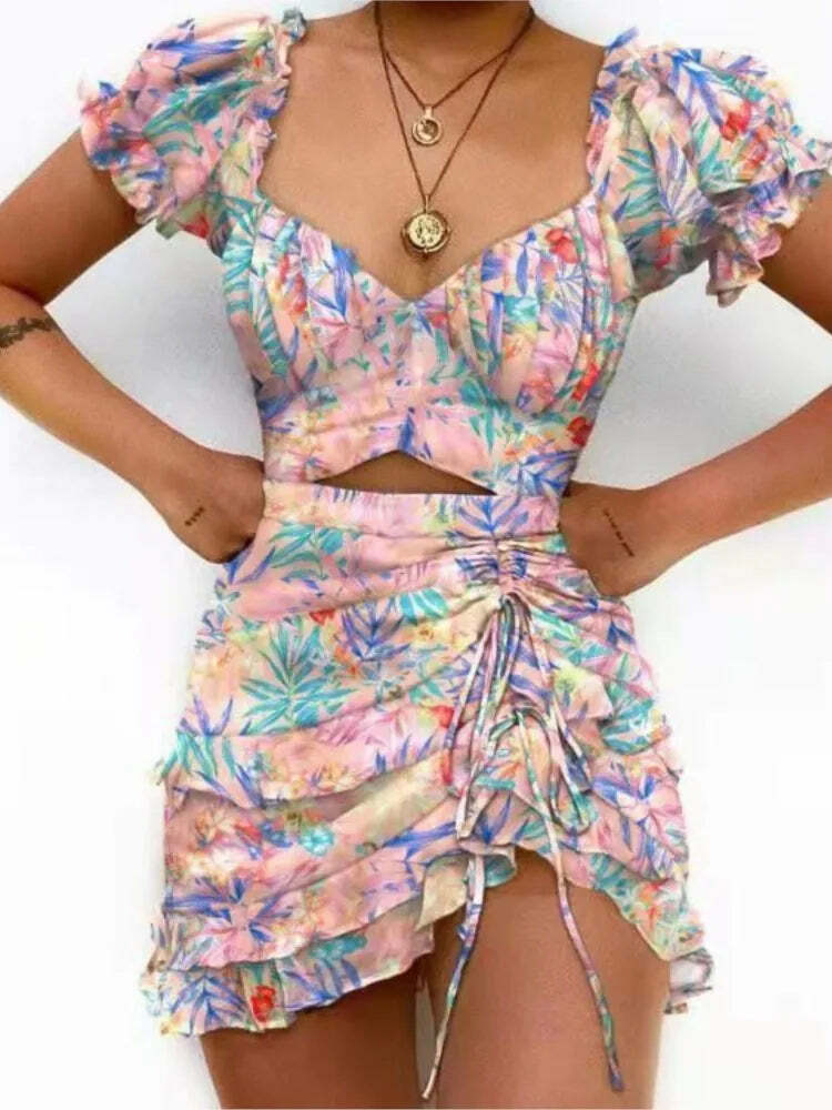 Y2K Grunge Print Drawstring Ruffle Edge Sexy Off Waist Short Sleeve Casual Office Dress