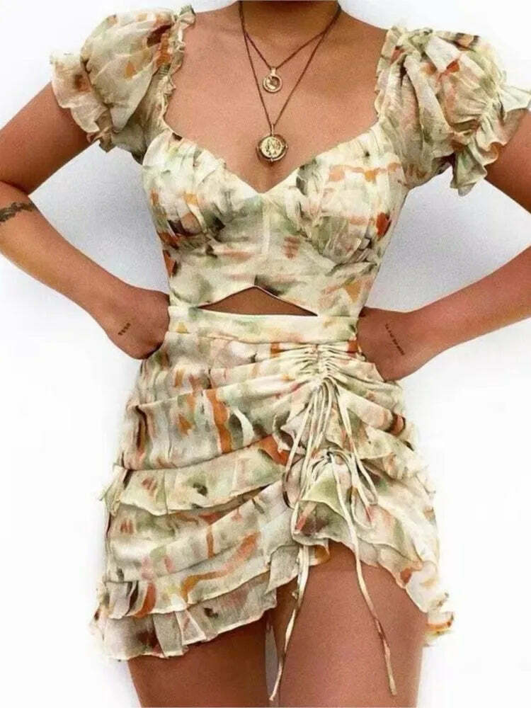 Y2K Grunge Print Drawstring Ruffle Edge Sexy Off Waist Short Sleeve Casual Office Dress