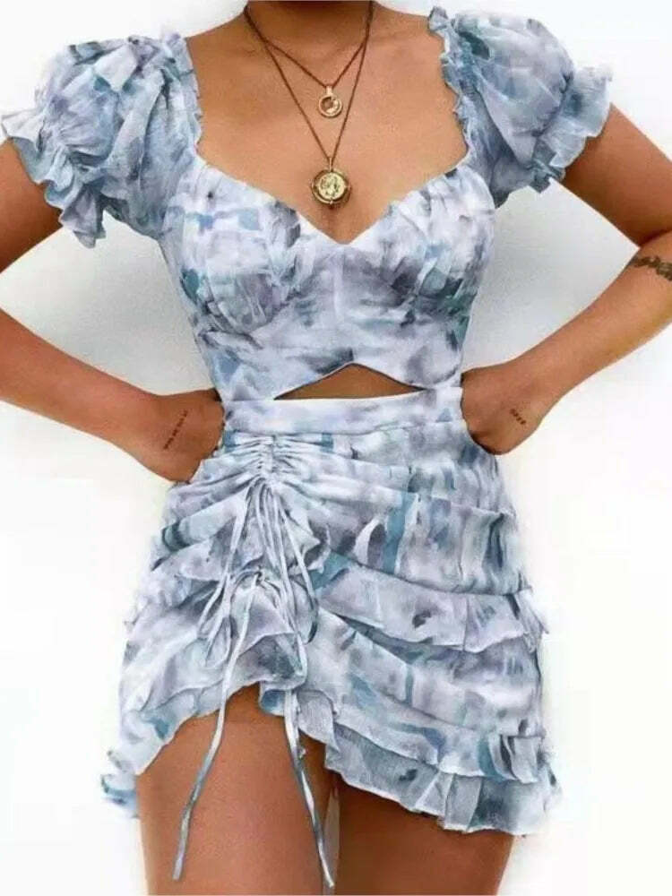 Y2K Grunge Print Drawstring Ruffle Edge Sexy Off Waist Short Sleeve Casual Office Dress
