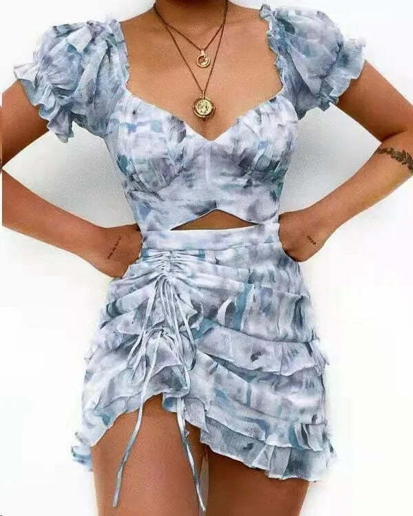 Y2K Grunge Print Drawstring Ruffle Edge Sexy Off Waist Short Sleeve Casual Office Dress
