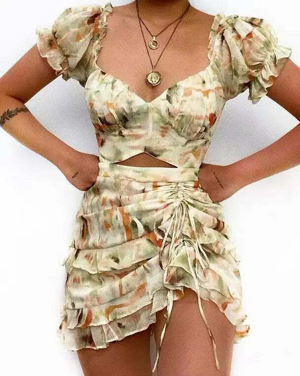 Y2K Grunge Print Drawstring Ruffle Edge Sexy Off Waist Short Sleeve Casual Office Dress
