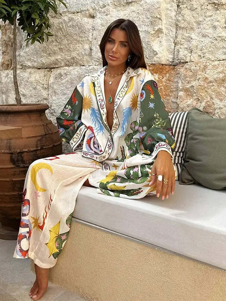 Y2K Grunge Print Shirt & Wide Leg Pants Set - Retro 90S Summer High Street Fashion Outfit