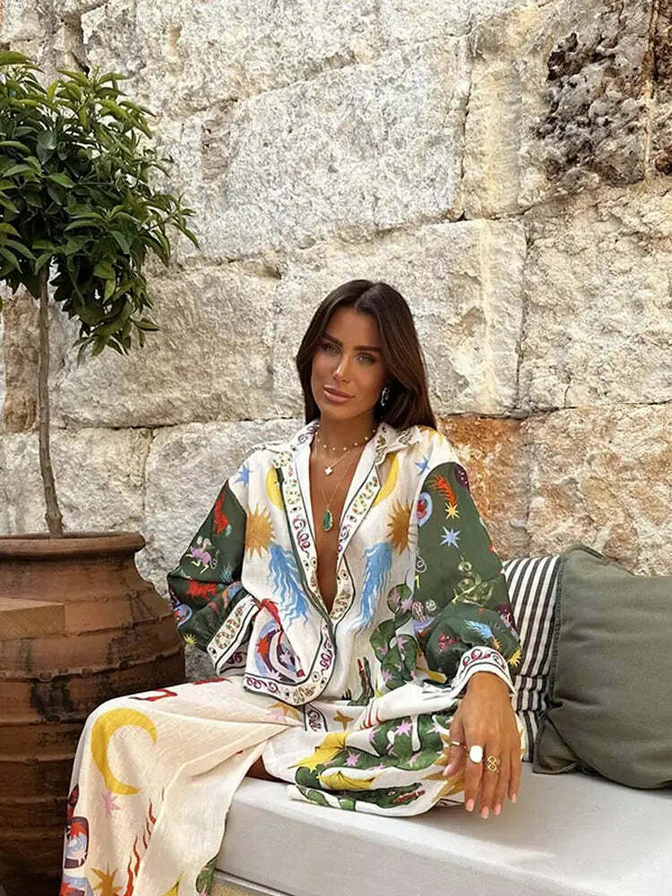 Y2K Grunge Print Shirt & Wide Leg Pants Set - Retro 90S Summer High Street Fashion Outfit
