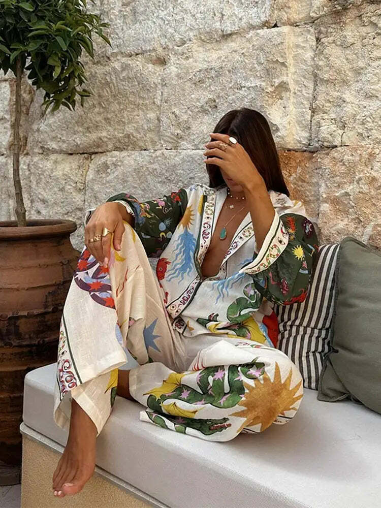 Y2K Grunge Print Shirt & Wide Leg Pants Set - Retro 90S Summer High Street Fashion Outfit