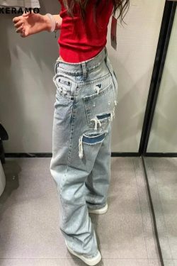 Y2K Grunge Retro Wide Leg Baggy Denim Jeans - Harajuku Patchwork High Waist Loose 90S Pants