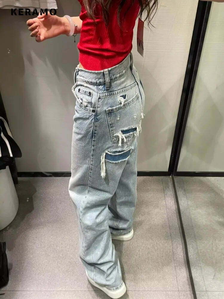 Y2K Grunge Retro Wide Leg Baggy Denim Jeans - Harajuku Patchwork High Waist Loose 90S Pants