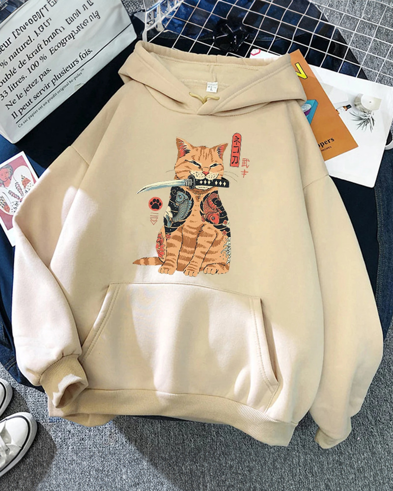Y2K Grunge Samurai Cat Hoodie - Retro 90S Fashion, Pastel Goth, Y2K Summer & Party Outfits